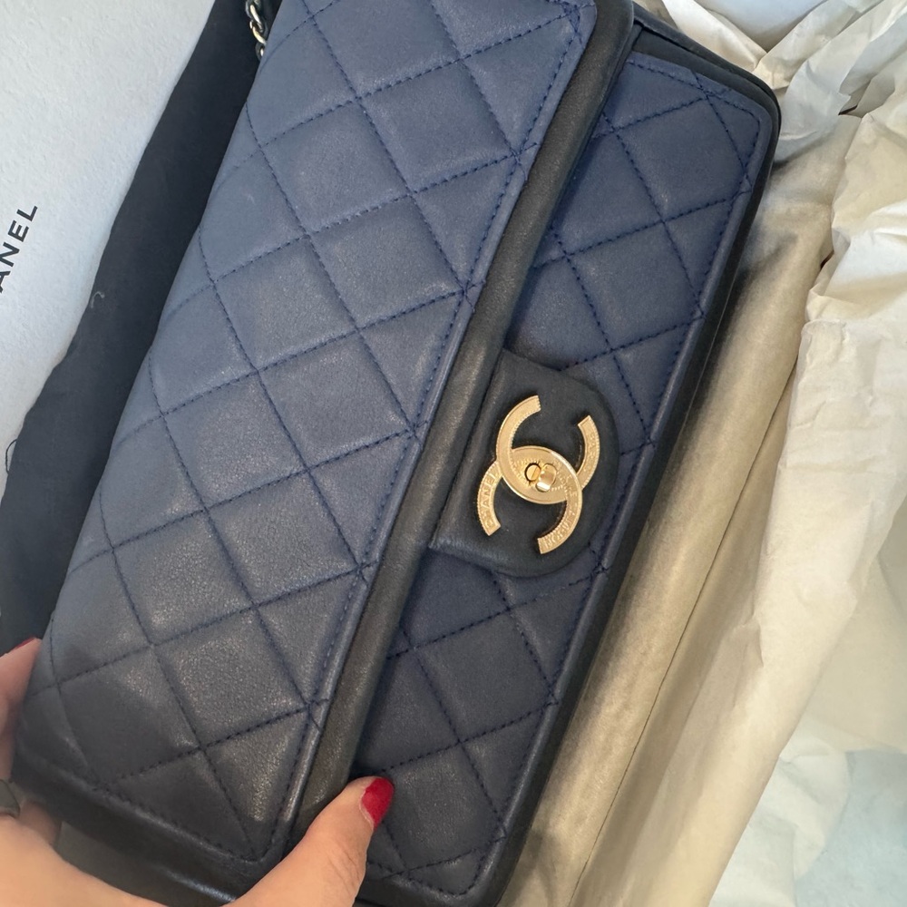 Chanel Blue Quilted Clutch with Gold CC Logo
